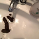 A very cute girl squats with her ass over a bathroom sink and shits into it. We get a good look at the turds in the sink. Vertical format video. About a minute.